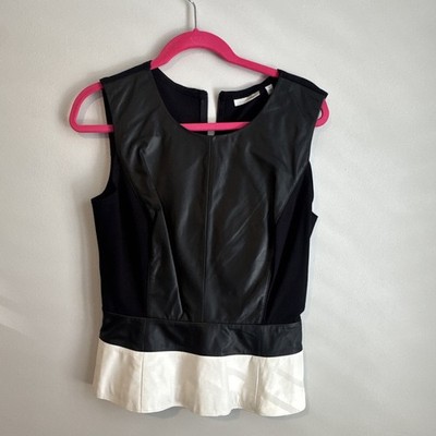 Halogen Women's M Sleeveless Colorblock Faux Leather Knit Zip Blouse Black/White