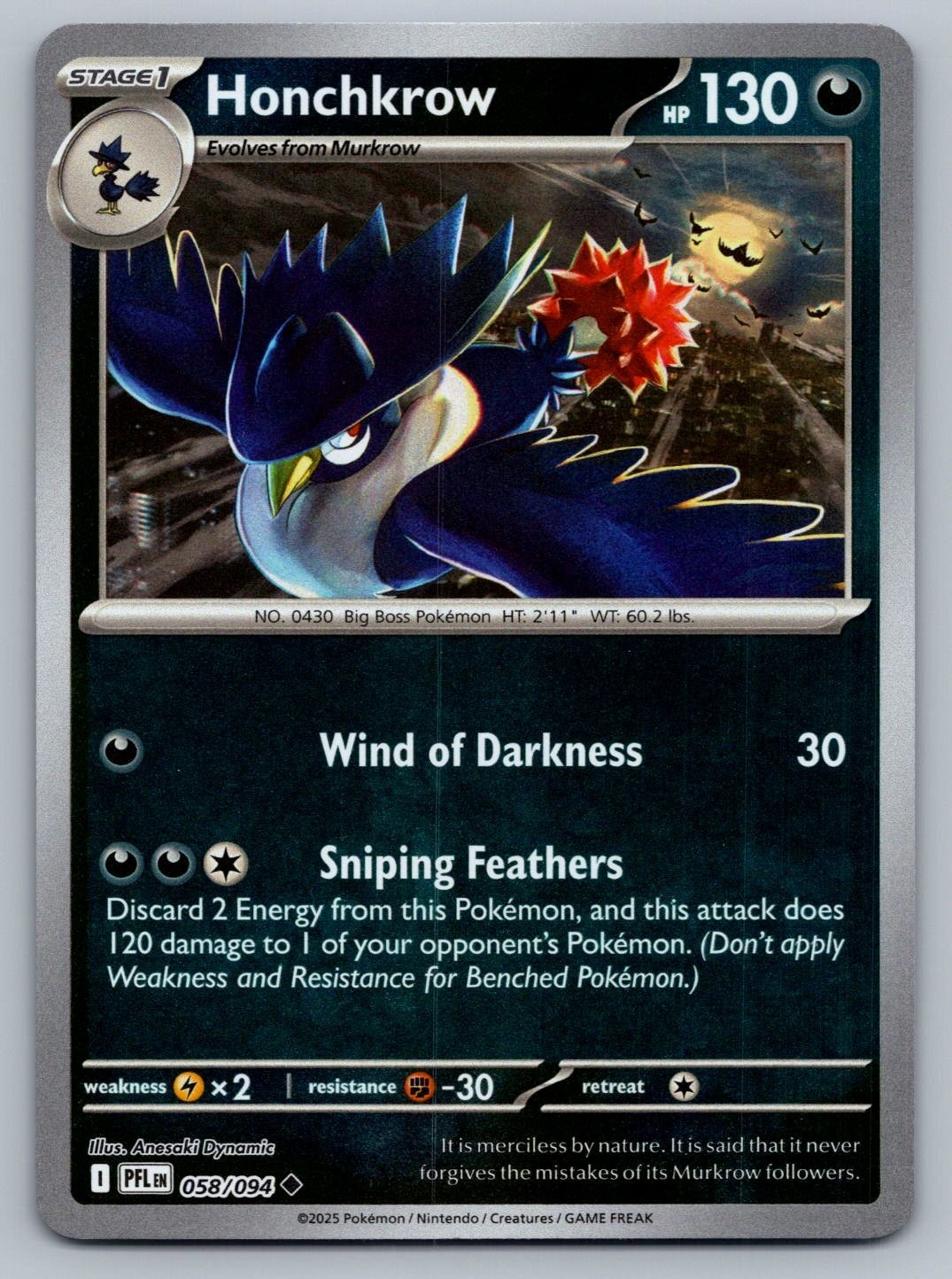 2025 Pokemon Phantasmal Flames Honchkrow 058/094 Reverse Holo