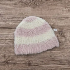 Pink White Fluffy Y2K ALT Grunge Striped Knit Hat one size