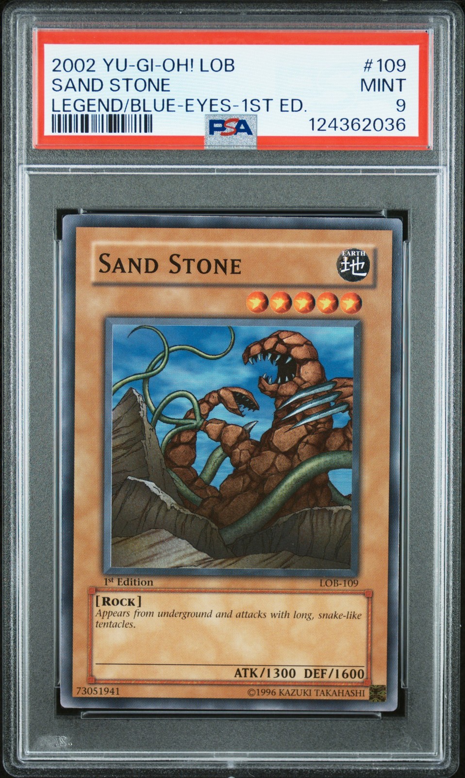 2002 YU-GI-OH! LOB-LEGEND OF BLUE EYES WHITE DRAGON 1ST ED #109 SAND STONE PSA 9