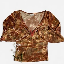 Vintage Y2K Whimsical Boho Brown Abstract Pattern Top