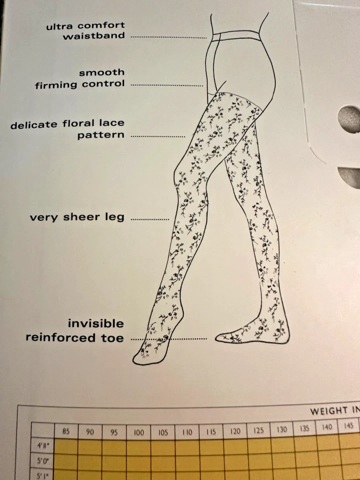 Vintage Hue Sheer Floral Lace Control Top Pantyhose Ivory Size 1  Style 6249 - Image 2 of 4