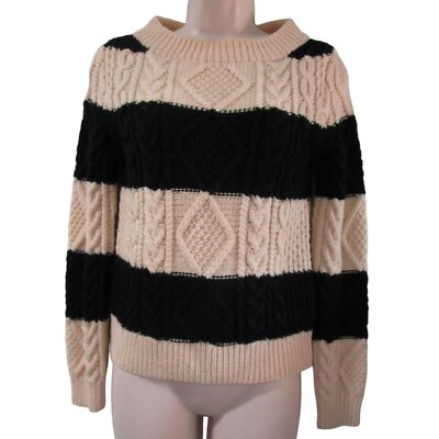 J Crew Handknit Wool Sweater XS Black Cream Stripes Cozy Cable