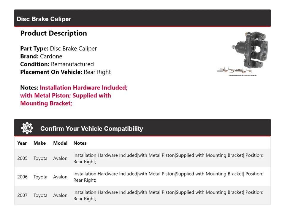 Задний правый суппорт дискового тормоза для Toyota Avalon 2005-2007 годов выпуска Cardone 2006 - Изображение 2 из 4