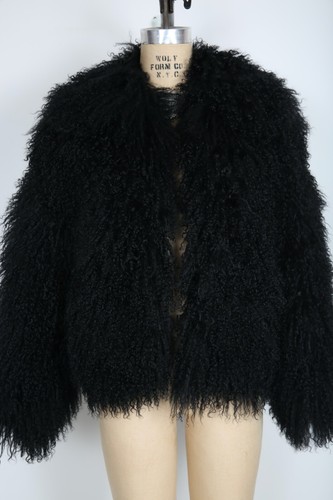 Vintage 90s Black Mongolian Fur Coat Shaggy Designer Avant Garde Boho Rock - Picture 4 of 9