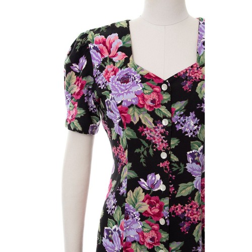 Vintage 1990s Shirt Dress 90s Metallic Floral Rose Print Black Pink Grunge Midi - Picture 7 of 10