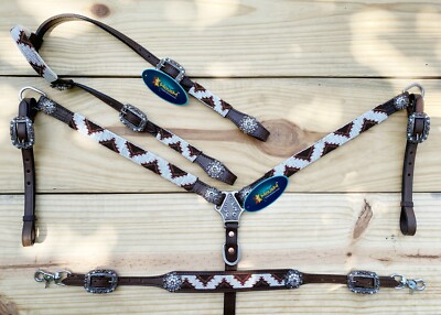 MOUSM Western Style Leather Headstall and Breast Collar with Wither Strap Tack S