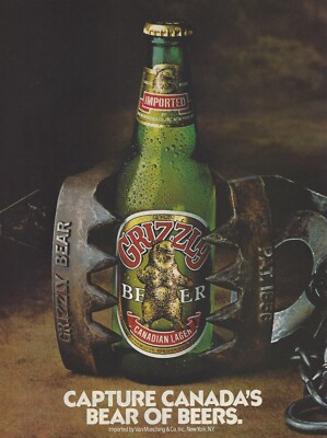 アンティーク雑貨 grizzly beer 1985 Grizzly Beer Canadian Lager Bear vintage Print Ad 80's