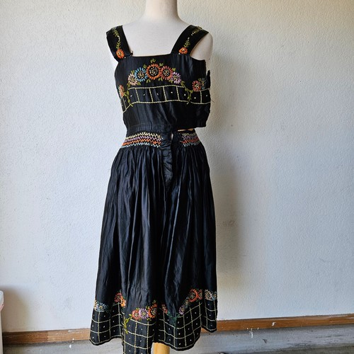 Vintage 1930s Rare Black Embroidered Floral Hungarian Czech Pinafore Dress Small