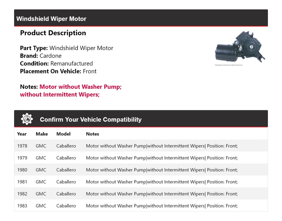 Двигатель стеклоочистителя переднего стекла для 1978-1983 GMC Caballero 1979 1980 1981 - Изображение 2 из 4