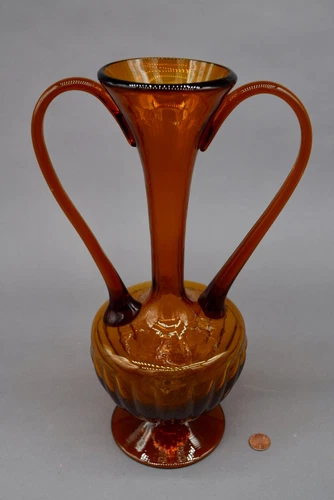 VINTAGE EMPOLI DARK AMBER ART GLASS ITALY TWIN HANDLE AMPHORA VASE BLENKO? 13"