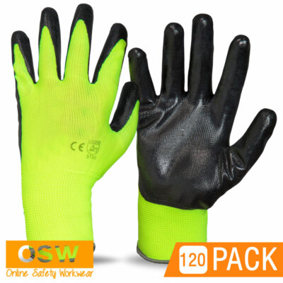 120 x Hi Vis Yellow/Black Poly Nitrile Ninja Style Oily Dry Wet Grip Work Gloves