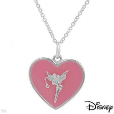 Disney "TINKERBELL" Pink Enamel Heart Pendant Sterling Silver Chain Necklace BN