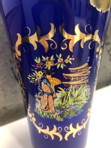 Cobalt Blue Clear Glass & Gold /Asian scene Liquor Bottle Vintage Barware Empty - Picture 4 of 9