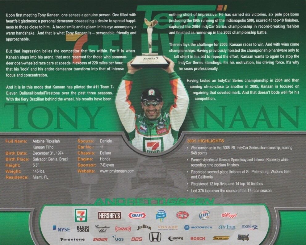 2006 Tony Kanaan 7-Eleven Honda Dallara Indy Car Hero Card | eBay
