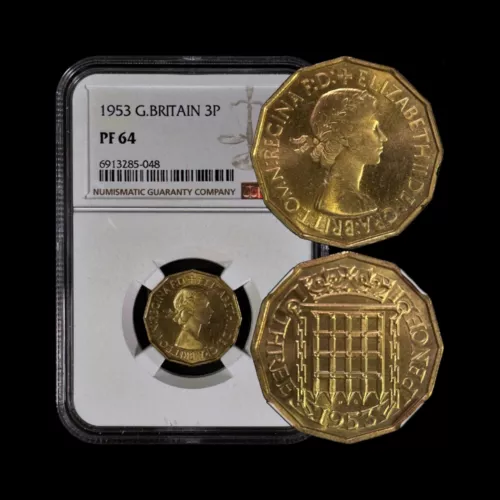 GREAT BRITAIN. 1953, 3 Pence - NGC PF64 - Crowned Portcullis, Tudor Badge 048