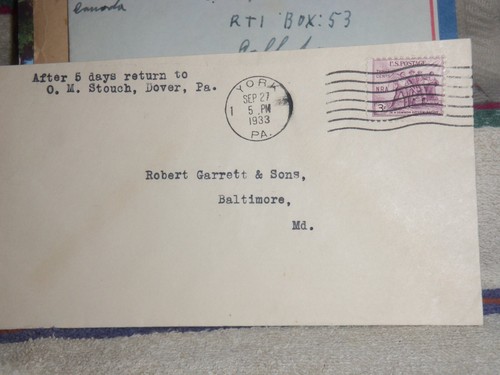 POSTAL HISTORY COVER FROM DOVER PA. TO BALTIMORE,MD. PM YORK,PA. SEP.27,1933 #10 - Picture 2 of 3