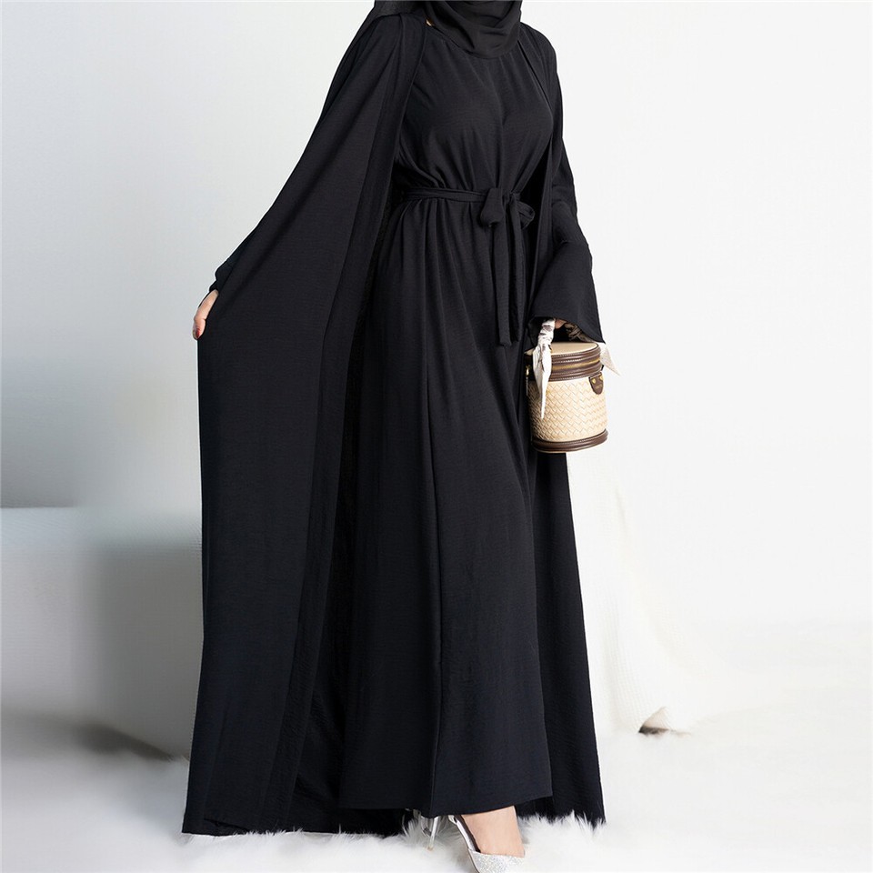 2 Piece Women Muslim Open Abaya Inner Dress Set Dubai Kimono Kaftan ...