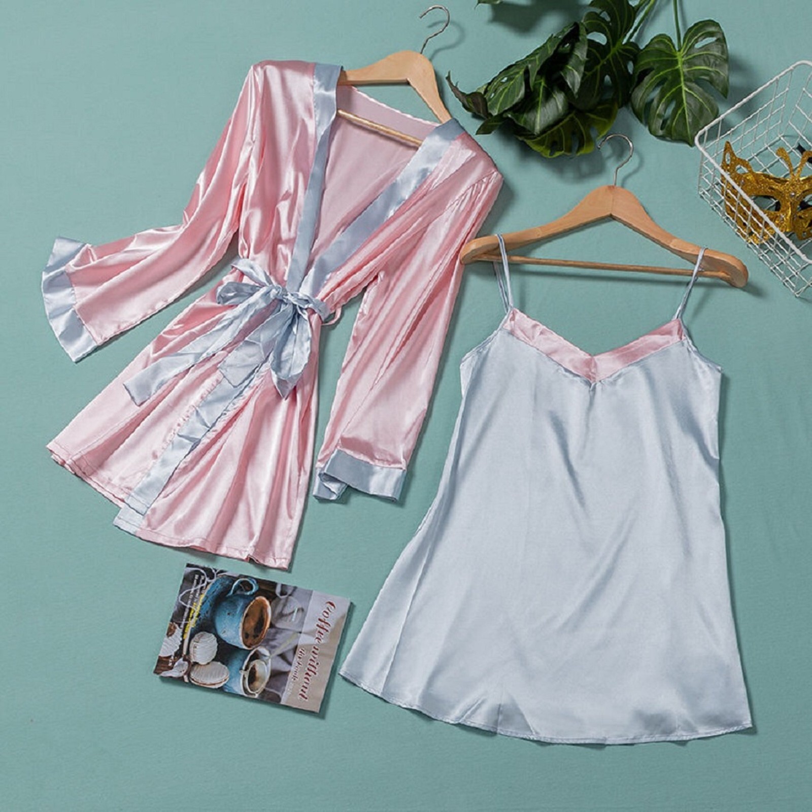 Womens Satin Kimono Robe w/ Dress Lingerie Set Nightgown Sleepwear Silk Bathrobe