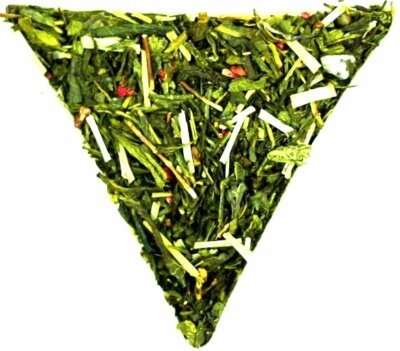Pai Mu hellbrauner Sencha und japanischer Zweig Teemischung mit Drachenfrucht Granatapfel 
