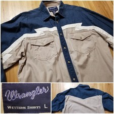 Vintage WRANGLER Western Shirt Mens Large LS Blue Denim Tan  White Pearl Snap