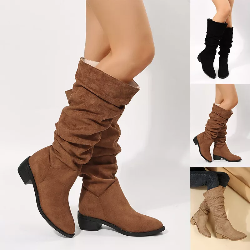 Women s Wide Calf Knee High Boots Slouch Flat Heel Wide Width
