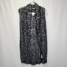 Chico's Women's Size 2 Cardigan Sweater Long Sleeveless Black White Eyelash