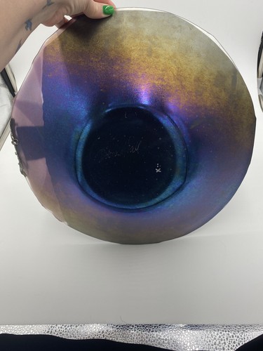 Debra Hall Purple Iridescent Fused Glass Bowl with wire/bead SIGNED - Picture 5 of 8