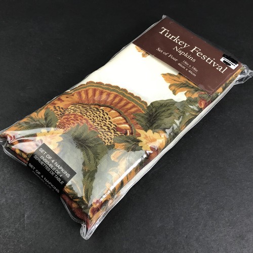 Turkey Festival Thanksgiving Fall Autumn Set of 4 Cloth Napkins 18" x 18" NEW - Picture 4 of 5