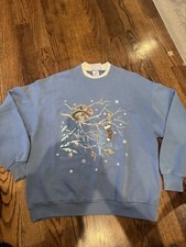 Vtg MORNING SUN Sweatshirt Large Womens Blue Fleece Christmas Squirrels JERZEES