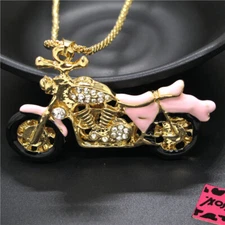 New Fashion Women Pink Enamel Cute Motorcycle Crystal Pendant Chain Necklace