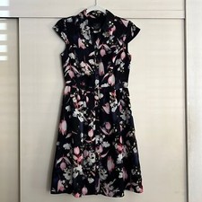 Adrianna Papell Tea Length Navy Floral Dress w/ Buttons & Collar Size: 2
