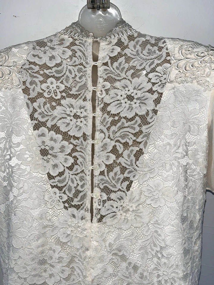 JESSICA MCCLINTOCK 1990s Lace Silk Chiffon Edwardian Style Wedding Dress Sz 9/10 - Image 4 of 4