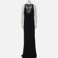 Oscar de la Renta Women Black Pearl-Embellished Halterneck Cady Gown Dress Sz 8