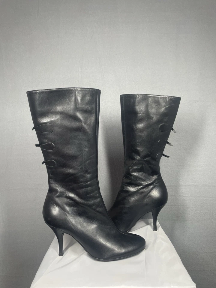 Antonio Melani Mujer Y2K Coquette Cuero Negro Tacón Medio Pantorrilla Botas Arcos Talla 8 Foto 2 de 4