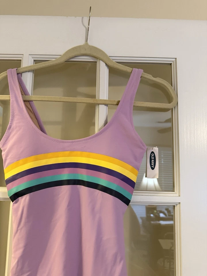 Antiguo traje de baño de una pieza azul marino lavanda lila arco iris gráficos cuello redondo XS NUEVO CON ETIQUETAS Foto 2 de 4