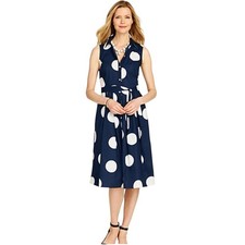 Talbots Shirt Dress Navy Blue White Polka Dot Fit Flare Belted 8