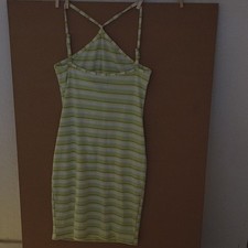 Icy What Green/White Striped Bodycon Knee Dress Square Neck Strappy M