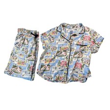 Jane And Bleecker Pajama Set Womens L Postcard Travel Print Button Up Pants PJs
