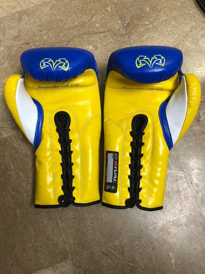 Custom Made Boxing Gloves Real Cowhide Leather Sparring Gloves 16OZ YELLOW Blue - Image 3 of 4