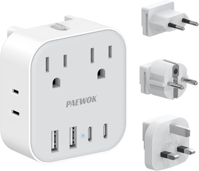 European Travel Plug Adapter Set, 8-In-1 Travel Adapter with 4 Outlets, 4 USB Po
