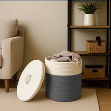 Round Fabric Storage Basket with Lid Stackable Woven Laundry Hamper Nursery Gift