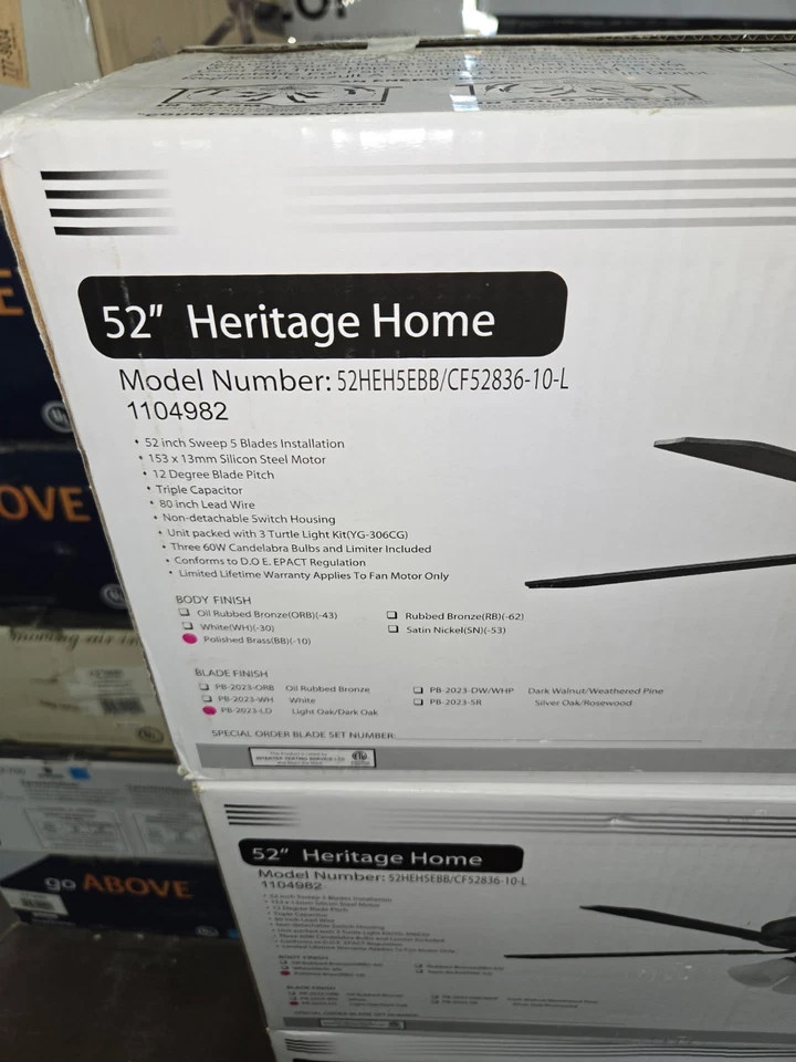 52" Heritage Home 52HEH5EBB  5 Blade Fan With Lights - Image 2 of 2