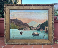 ANTICO DIPINTO OLIO SU TELA XIX SEC. - VEDUTA LAGO DI COMO - FIRMATO "A. CANELLA