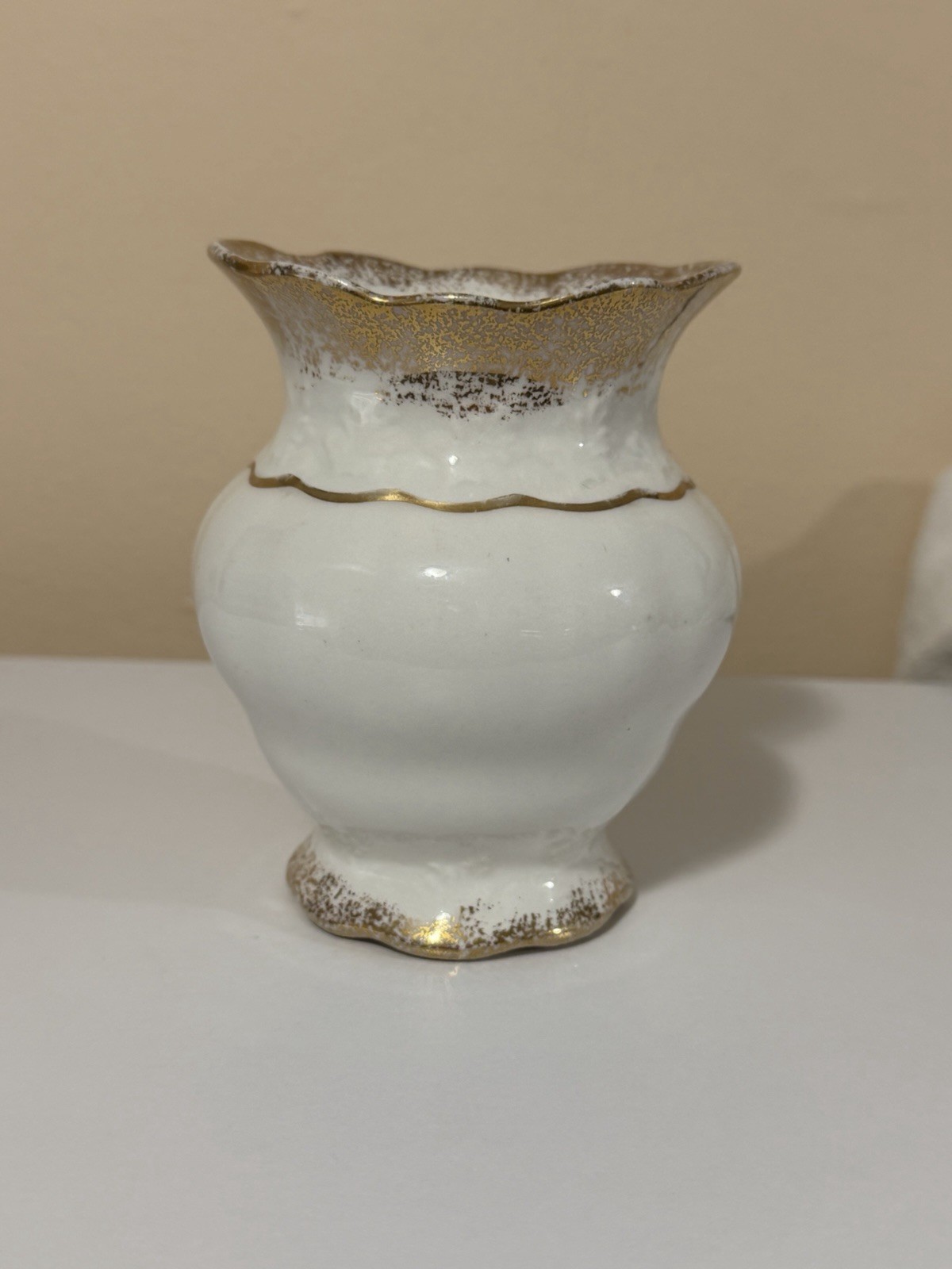 Antique KT&K Ohio Vase White Ironstone Gold Spatter Embossed Leaf C. 1890’s
