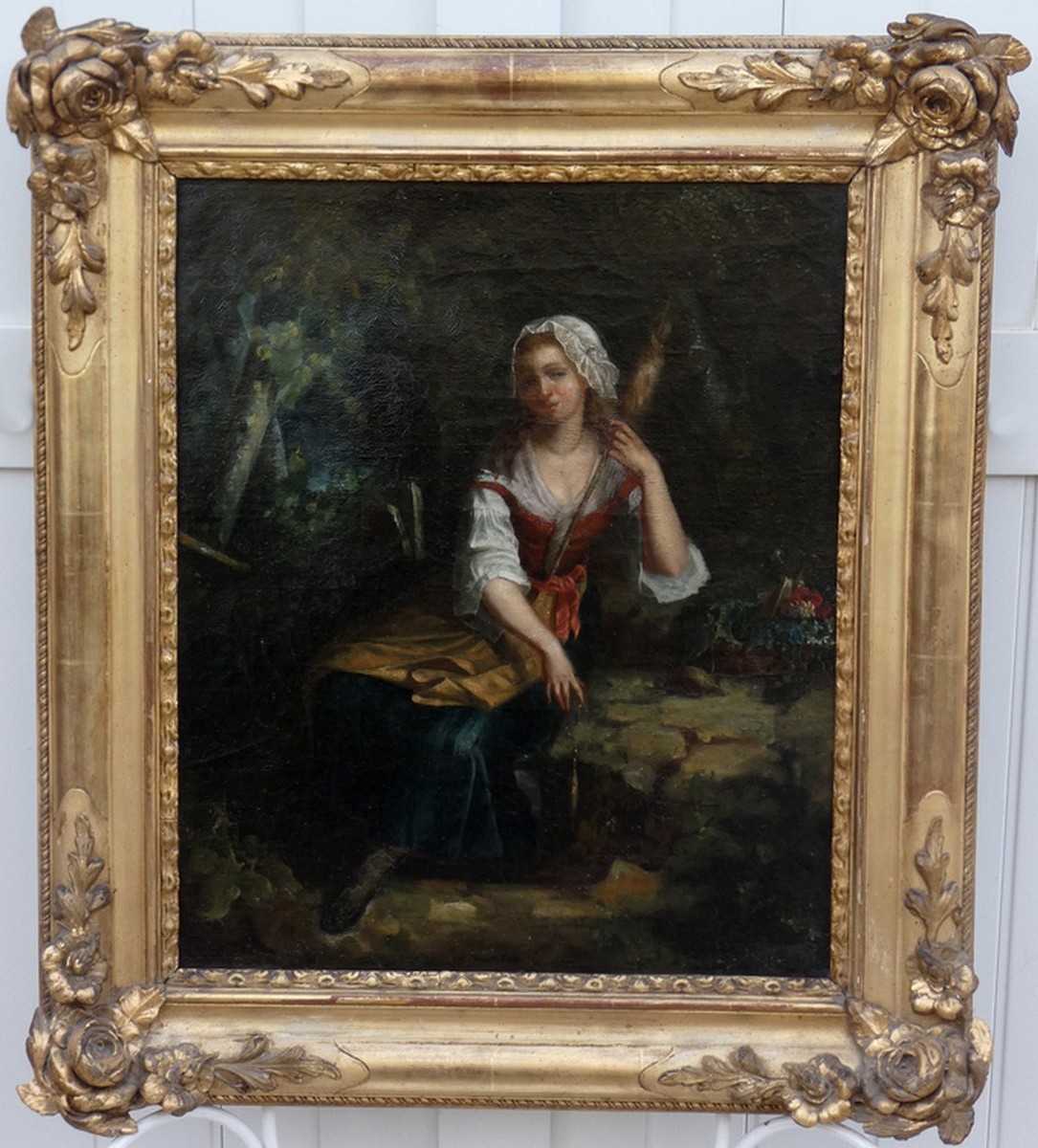 LARGE & BEAUTIFUL 19TH CENTURY CANVAS - A YOUNG SPINNER IN THE FOREST WITH A BASKET OF FLOWERS