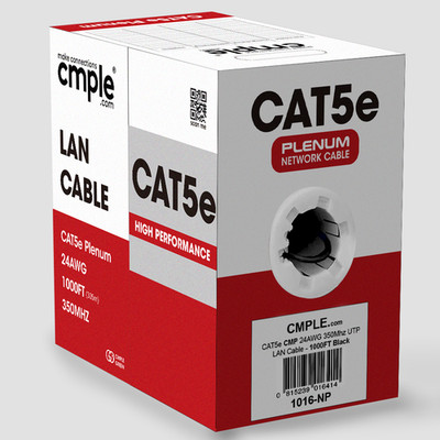 CMP Cat5e Ethernet Cable 1000ft Plenum Solid 24AWG UTP In-Wall LAN Black
