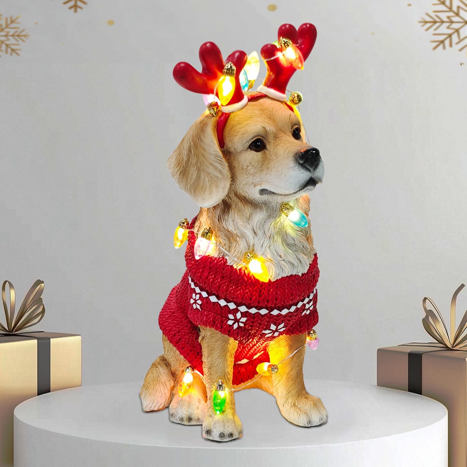 Christmas Golden Retriever with Reindeer Antlers Statue - Cute Sitting Dog Sc...