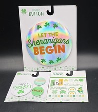 St Patrick's Day Party Lot Jumbo Button 3 Pins Temporary Tattoos Irish NEW