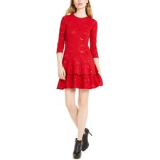 NWT Michael Kors Womens Size Small Red Sequin Jacquard Tiered Flounce Dress NEW